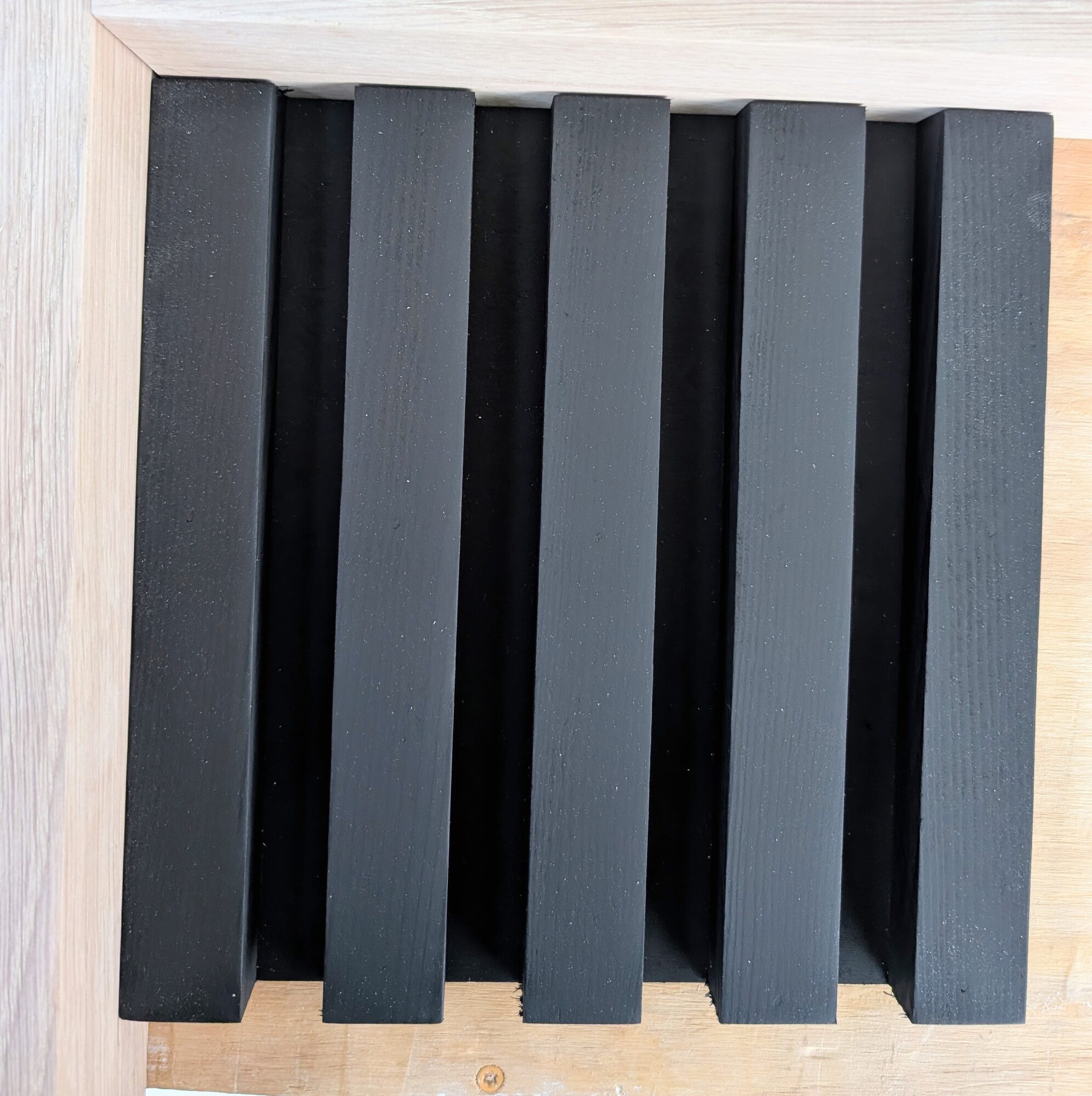 Hand-built slat sample panel, poplar ribs on Baltic birch painted Tricorn Black, Winchester CA