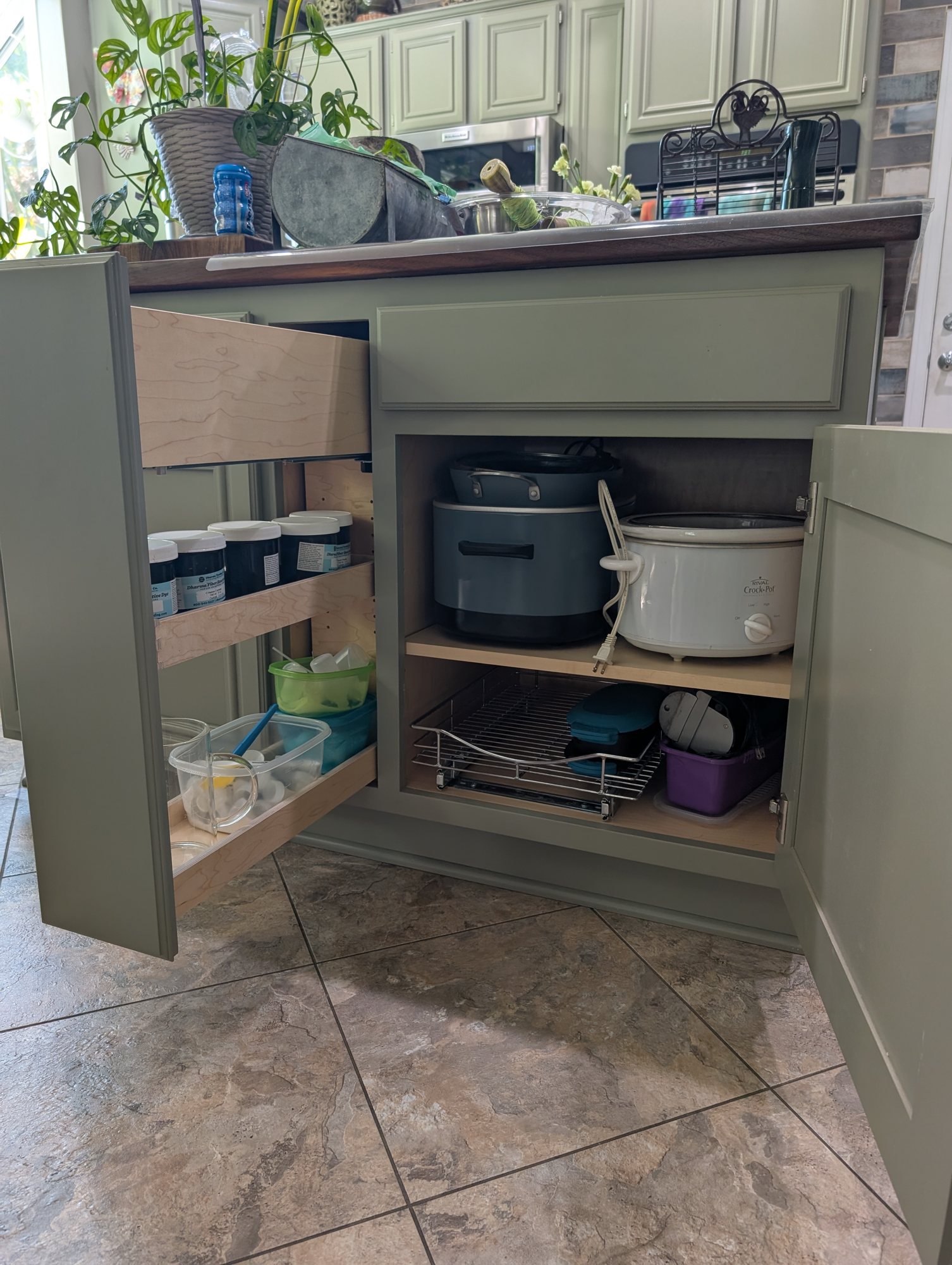 Open custom kitchen island cabinets with a narrow pull-out and shelf storage for small appliances, Menifee CA