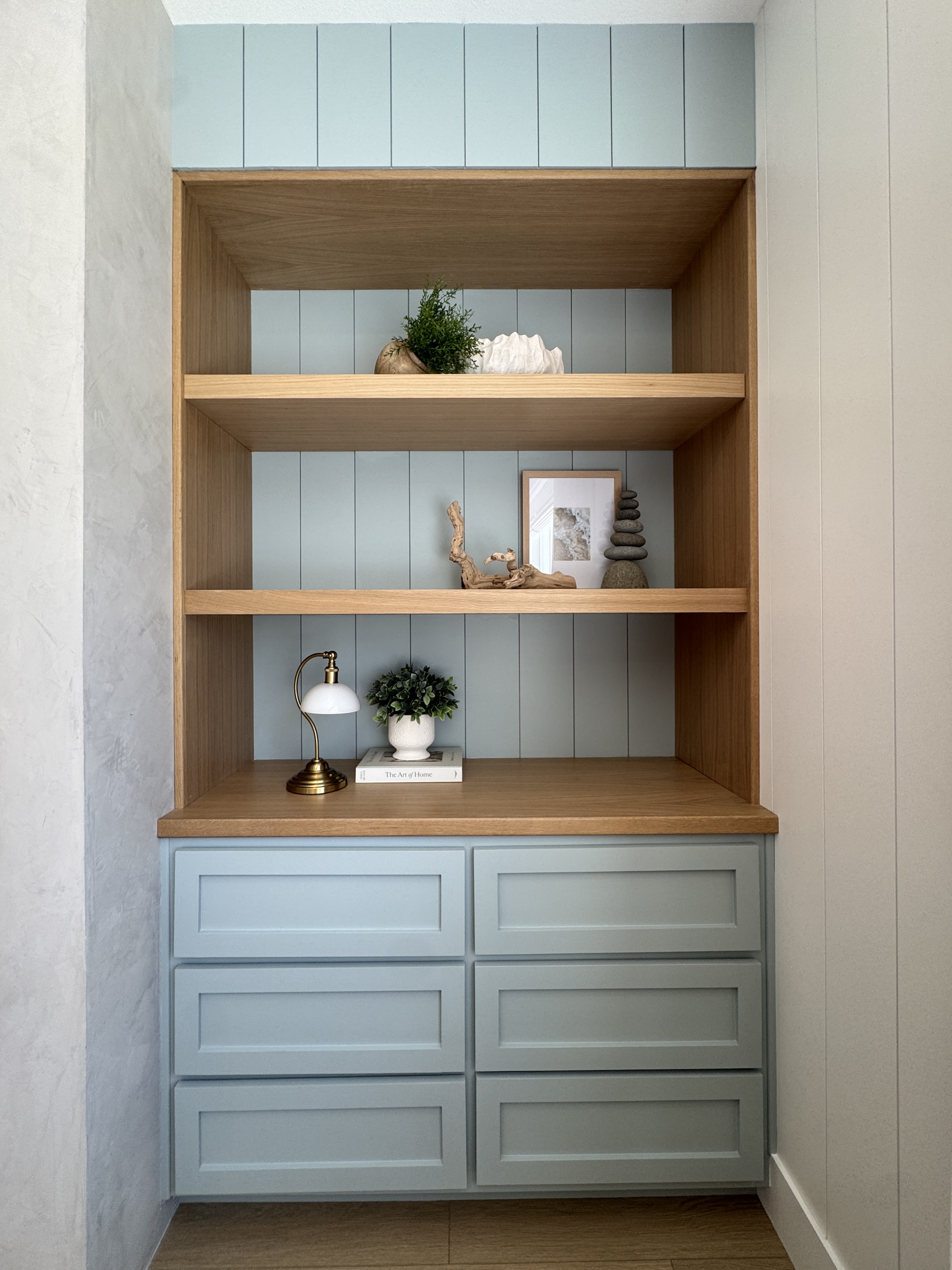 Built-in with rift-sawn white oak floating shelves and painted base cabinets, Menifee CA