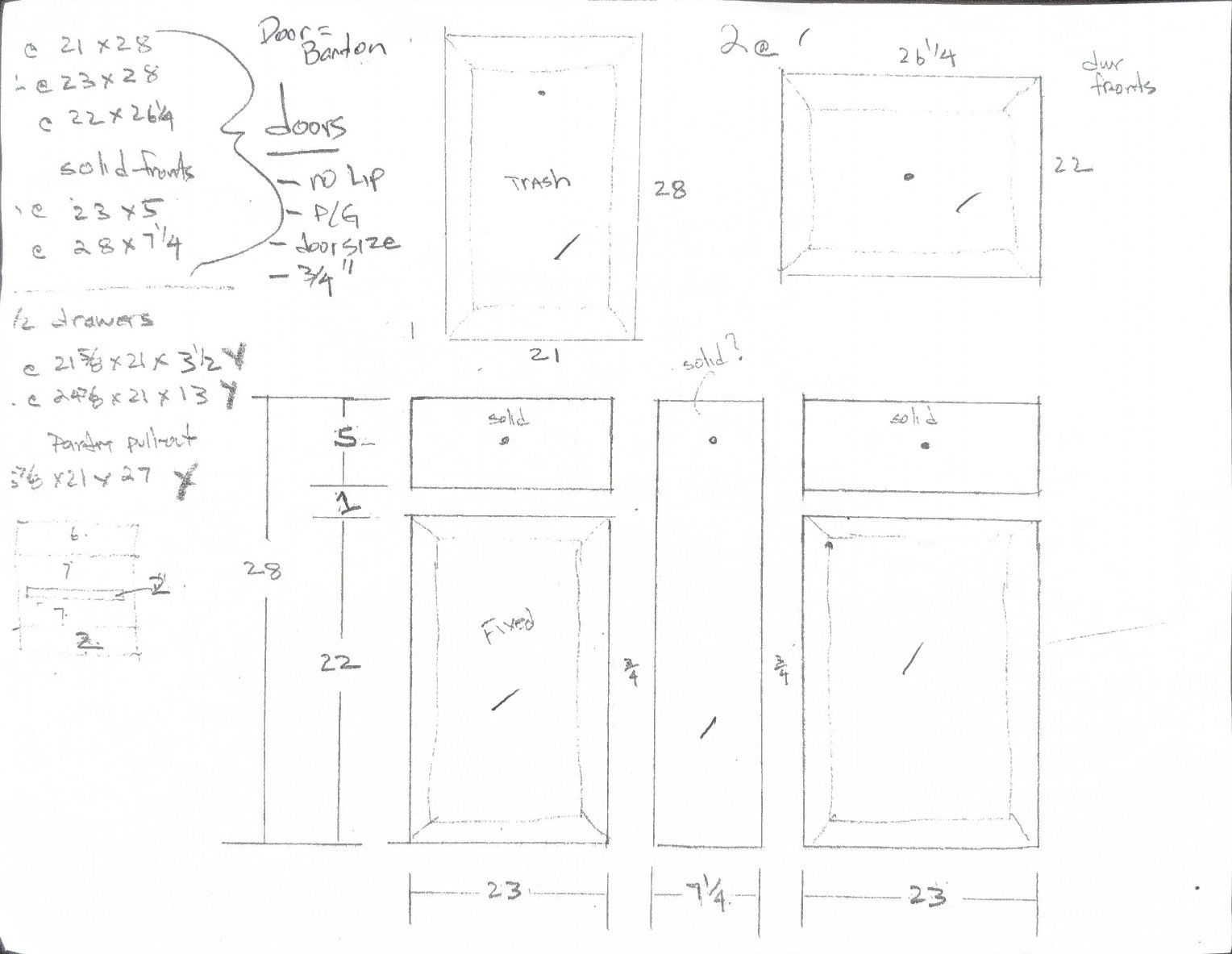 Brian Holland's hand-drawn layout sketch for the Sapphire Rollouts kitchen island pull-outs, Menifee CA